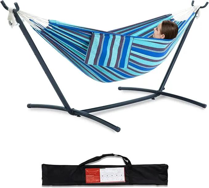 PNAEUT Double Hammocks with Stand for Outside, Portable Space Saving Heavy-Duty Steel Stand for Indoor Outdoor Patio with Carrying Bag, 450 lbs Capacity (Blue Lagoon) by GreenHaven Gardens