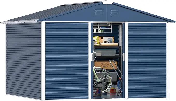 Metal Outdoor Storage Shed 10FT x 10FT, Steel Utility Tool Shed Storage House with Sliding Door, Metal Sheds Outdoor Storage for Backyard Garden Patio Lawn, Blue by GreenHaven Gardens