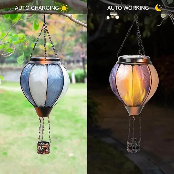 pearlstar Hot Air Balloon Solar Lantern with Flickering Flame Light Outdoor Solar Hanging Lights Waterproof for Garden Yard Farmhouse Outside Decoration,Stained Glass Blue and White by GreenHaven Gardens