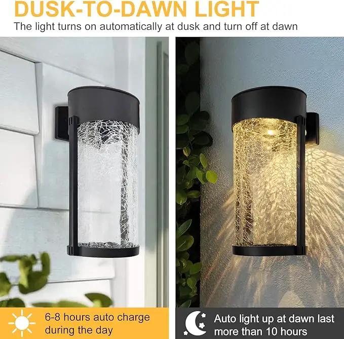 Solar Outdoor Wall Lights Fixture Set of 2 Porch Lights Crackled Glass Diffuser with Warm White LED by GreenHaven Gardens