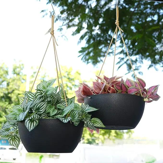 13 Inch 2 Pack Large Hanging Planters for Indoor Outdoor Plants, Plastic Hanging Basket Pots for House Plants Flowers, Black by GreenHaven Gardens