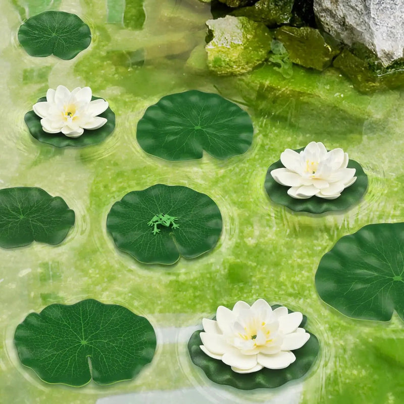 10pcs Artificial Floating Foam Lotus Flowers with Artificial Frog Lotus Leaves, Lily Pads for Lake, Pond Plants Ornaments for Pool Aquarium Water Decoration, White by GreenHaven Gardens