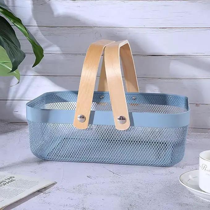 Metal Mesh Steel Basket, Storage Organizer Baskets Garden Harvest Basket Multi-functional Kitchen Fruit Baskets Bin with Wooden Handle for Bathroom Picnic Shopping Decor Cabinet Home, Blue by GreenHaven Gardens