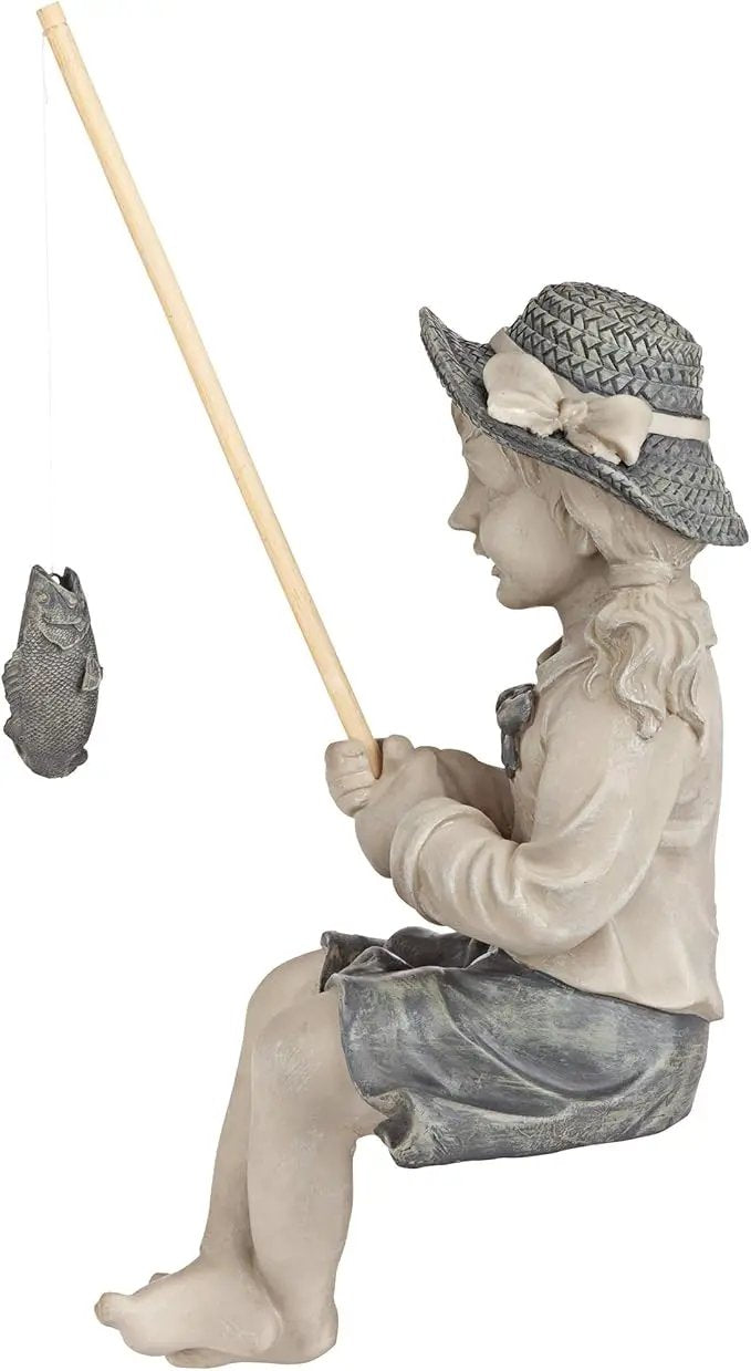 Design Toscano Big Catch Fisherwoman Nellie Girl with Fishing Pole Garden Statue, Medium 17 Inch Tall, Cast Stone Resin, Two Tone Stone Finish by GreenHaven Gardens