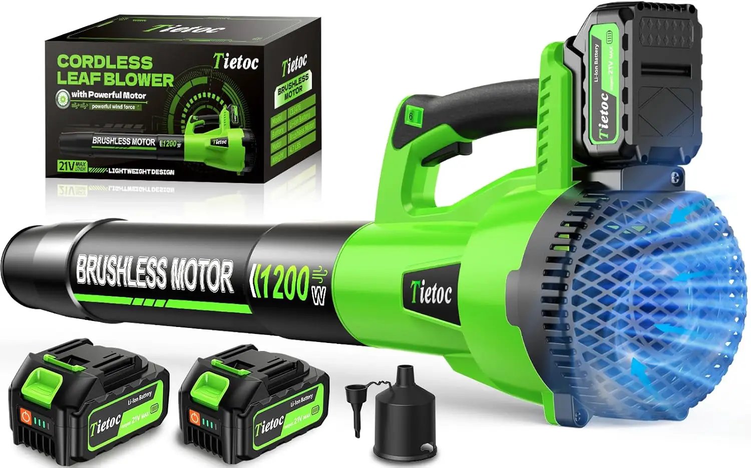 Tietoc Leaf Blower Cordless, 1200W Brushless Electric Leaf Blower with 2 X 5.0Ah Battery, 6 Speed Levels, 2 Extended Tube and Nozzles, Powerful Leaf Blowers for Garden, Patio, Lawn Care (Green) by GreenHaven Gardens