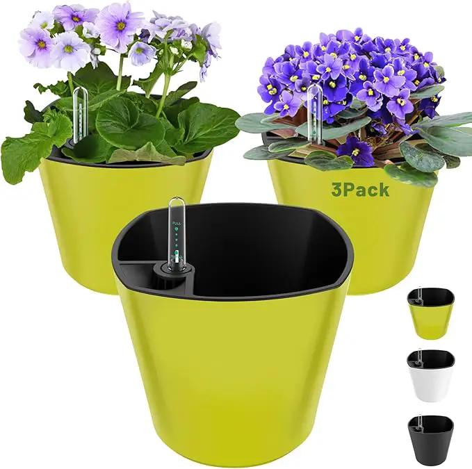 Self Watering Planters for Indoor Plants 7 inch Flower Pot with Water Level Indicator Lemon Green 3 Pack African Violet Self Watering Pots for All Orchid Agave by GreenHaven Gardens