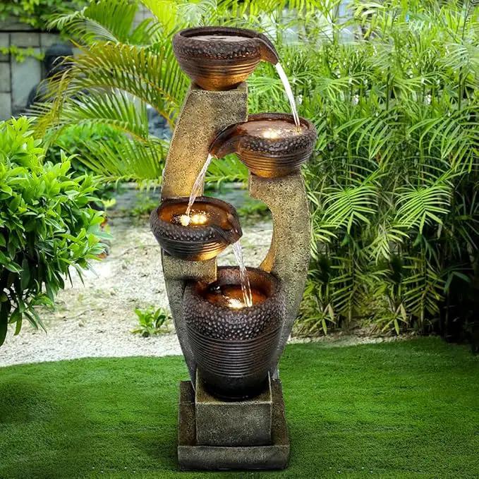 Naturefalls 40” H Modern Outdoor Fountain - 4 Crocks Outdoor Garden Fountains with Contemporary Design&LED Light for Garden, Patio, Deck, Porch, Backyard and Home Art Decor (40in, Light Gray) by GreenHaven Gardens