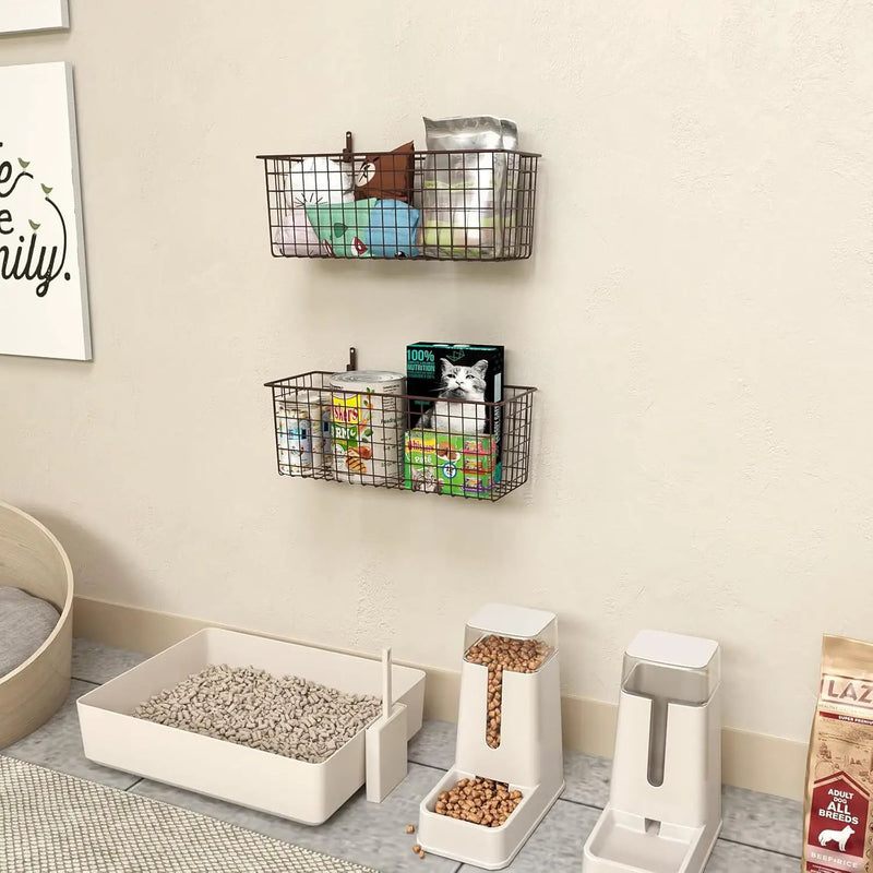2 Sets Extra Large Hanging Wall Basket, Brown Metal Wire Baskets with Steel Hooks for Organizing, WallmountedFruit Vegetable Toy Snack Storage, Home Kitchen Bathroom Laundry Pantry Organizer by GreenHaven Gardens