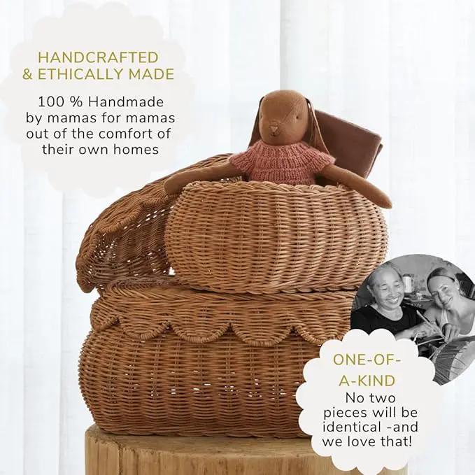 BEBE BASK The Original Scalloped Basket Set Of 2 - Small Scallop Basket - 15 x 10 x 6 In - Hand-Woven & Award-Winning - Elegant Wicker With Scalloped Edge Lid - Nursery Storage - (Mocca) by GreenHaven Gardens