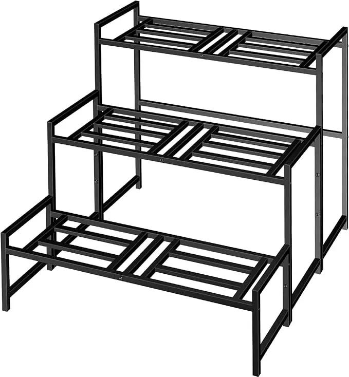 Plant Stand Indoor Outdoor, 3-Tier Wrought Iron Plant Stands, Stackable Metal Plant Shelf Decorative Outdoor Flower Stand Heavy Duty Pedestal Stands for Garden Deck Living Room, Black by GreenHaven Gardens