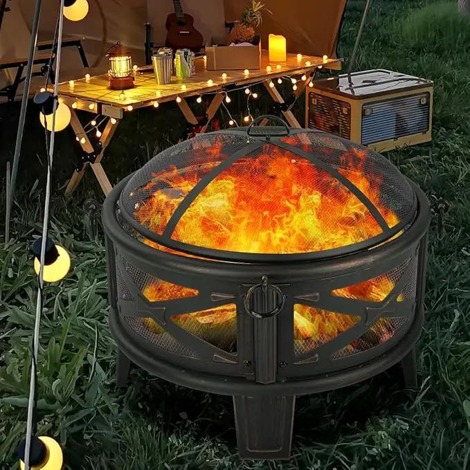 Breezz 26 Inch Wood Burning Fire Pit with Cooking Grill and Spark Screen, Outdoor Metal Round Firepit for Patio, Backyard, Bonfire Party, Camping by GreenHaven Gardens