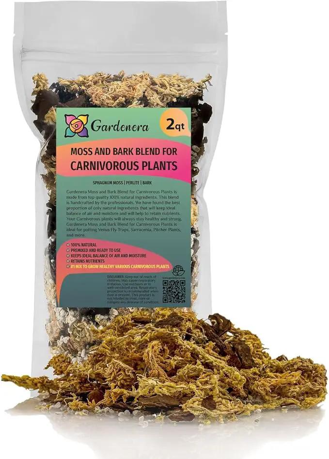 Premium Sphagnum Moss, Perlite and New Zealand Pine Bark Blend for Carnivorous Plants - Perfect for Venus Fly Traps, Pitcher Plants, Sarracenia, Butterworts, and Sundews by GARDENERA - 2 Quart Bag by GreenHaven Gardens