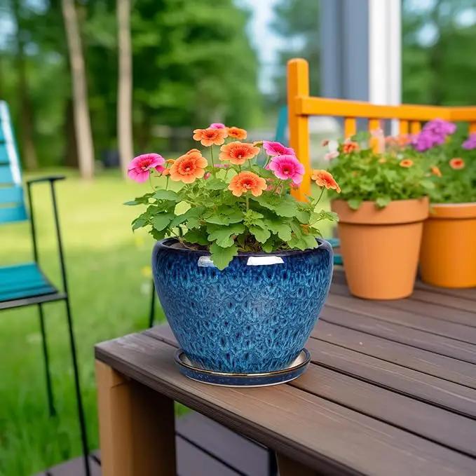 Ceramic Modern Glaze Succulent Planter Pot with Drainage Hole and Saucer 6 Inch Round Flower Plant Pot for Indoor Outdoor Herb Snake Plants by GreenHaven Gardens