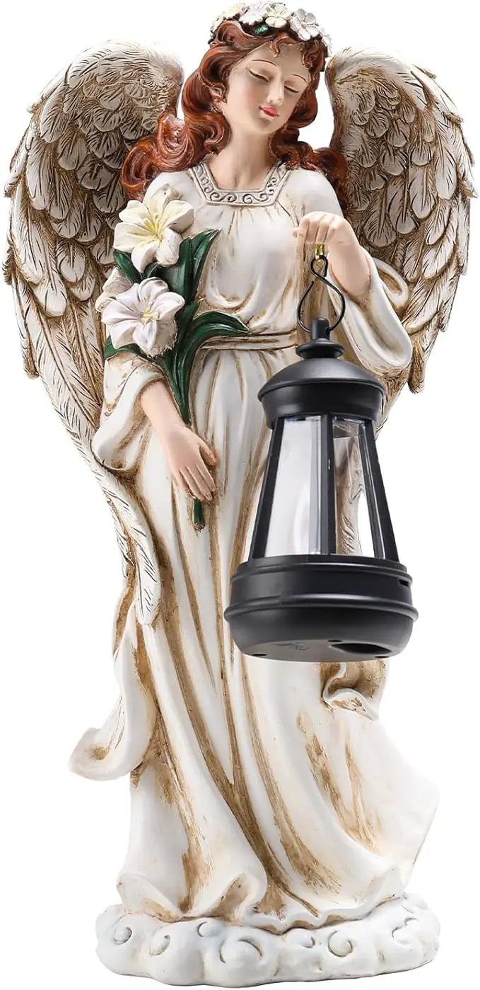 Solar Angel Outdoor Decor Garden Statues – 13.2 inches Angel Figurines Outdoor Sculptures with Solar Lantern for Outside Yard Art Patio Balcony Front Lawn Ornaments Gifts for Mom Grandma Women by GreenHaven Gardens