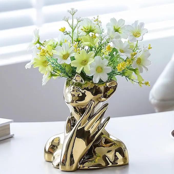 BrownLove Golden Ceramic Face Vase, Modern Golden Decorative Art Vase, Bookshelf Placed On The Desktop, Small Living Room, Office and Bedroom by GreenHaven Gardens