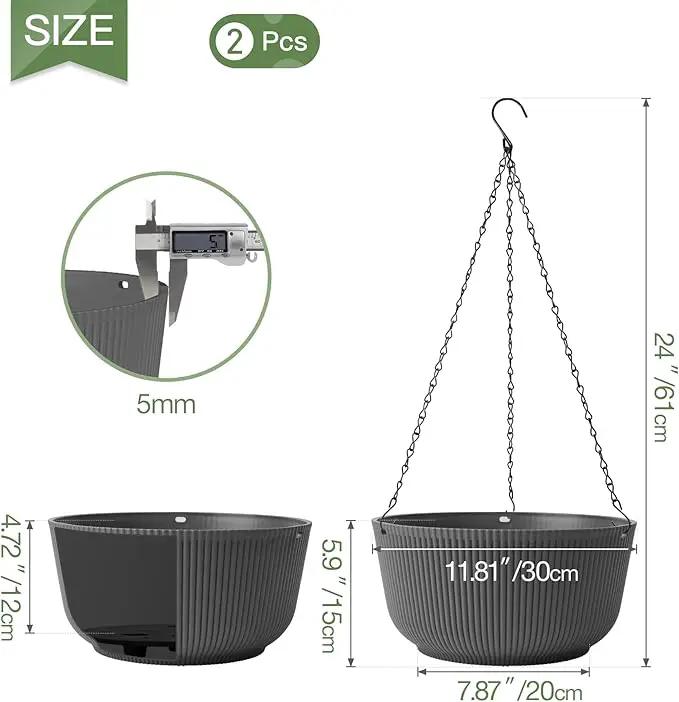 T4U 12 Inch Large Hanging Planters for Outdoor Plants, 2 Pack Self Watering Hanging Pots Indoor, Hanging Baskets for Plants,Hanging Flower Pot with Drainage Hole and Plant Hanger, Grey by GreenHaven Gardens