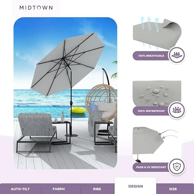 Midtown Umbrellas 10-Year-No-Fade - 9 Ft - UV Proof Matter Grey Polyester Fabric - Umbrella Outdoor Patio, Auto-Tilt Aluminum Frame Patio Umbrella for Garden, Pool & Deck - Black Pole by GreenHaven Gardens