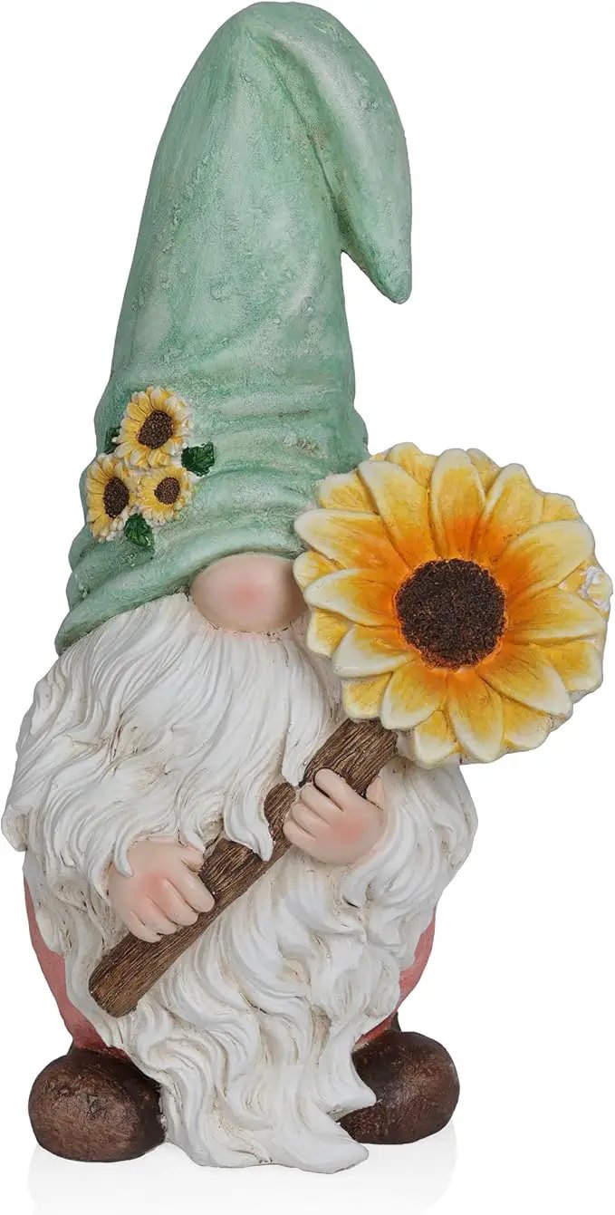 Alpine Corporation MCC842 Indoor/Outdoor Gnome Holding Sunflower Garden Statue, Charming Gnome Statue w/Hat, 21" H, Turquoise by GreenHaven Gardens