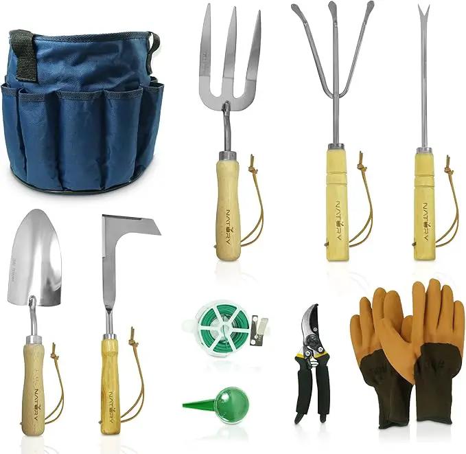 Garden Tools Set – Premium Stainless Steel Gardening Hand Tools with Solid Beechwood Handle – Gardening Kit with Rake, Shovel, Gloves, Shears, Tool Organizer – Garden Gifts for Women and Men by GreenHaven Gardens