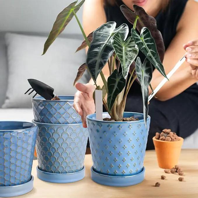 EFISPSS Plant Pots, 5 Inch Pots for Indoor Plants, Planters with Drainage Hole and Saucer, Ceramic Flower Pots Desktop Office Windowsill Decoration Gift Set of 4 - Sky Blue by GreenHaven Gardens
