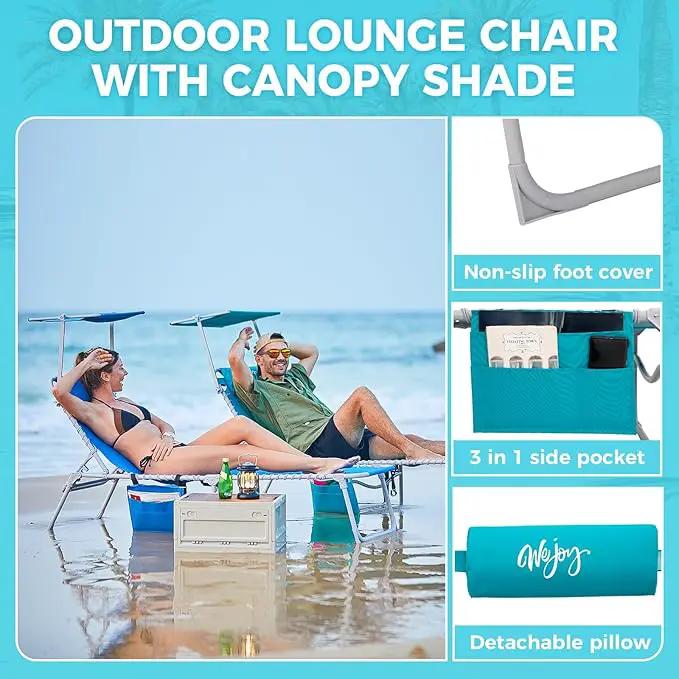 #WEJOY Folding Tanning Chair with Canopy Shade, Portable Adjustable 5-Position Patio Chaise Lounge with Pillow & Storage Pocket for Lay Flat Outdoor Lawn Backyard Beach Camping Pool (Cyan) by GreenHaven Gardens