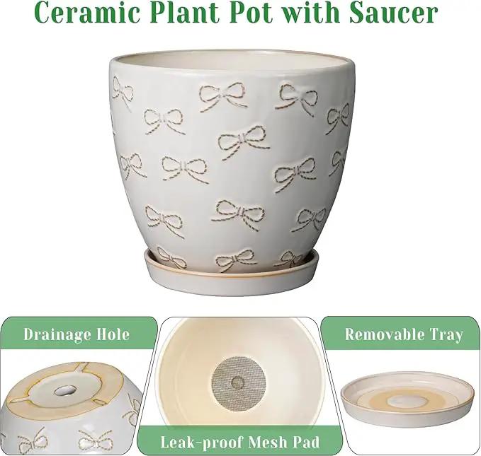 Ceramic Pots for Plants - 8 Inch Plant Pot with Drainage Hole and Saucer Large Planter Pot for Indoor Plants Outdoor Modern Flower Pot Home Decor White by GreenHaven Gardens