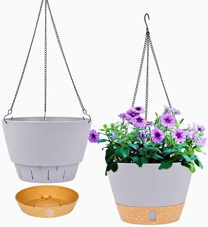 QCQHDU 2 Pack Hanging Planters for Indoor Outdoor Plants, 10 Inch Hanging Baskets Flower Pots with Reservoir Tray & Visible Water-Level by GreenHaven Gardens