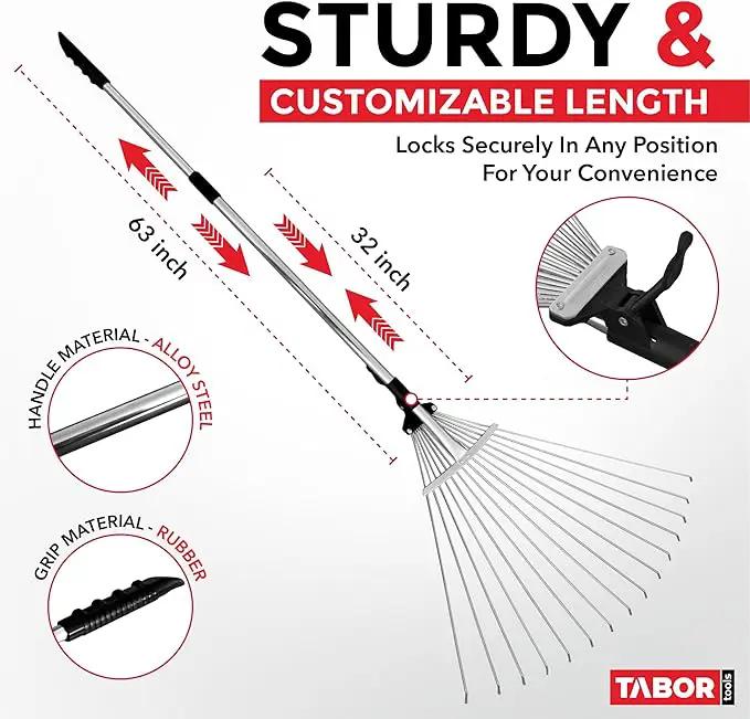 TABOR TOOLS Adjustable Metal Rake - Collapsible & Telescopic - Garden, Yard, & Lawn - Ideal for Leaves, Shrubs & Small Areas. J16A by GreenHaven Gardens