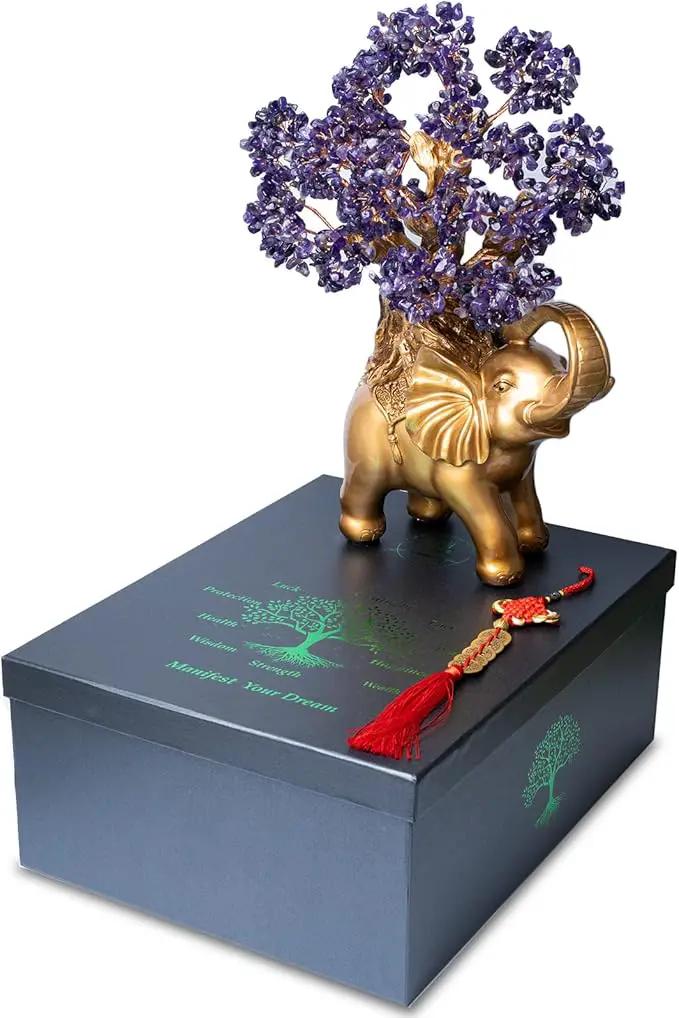 Amethyst Crystal Money Tree on Gold Elephant Statue, 17”Large Gemstone Bonsai Tree of Life Home Décor Gifts for Wealth Positive Energy, Feng Shui Décor by GreenHaven Gardens