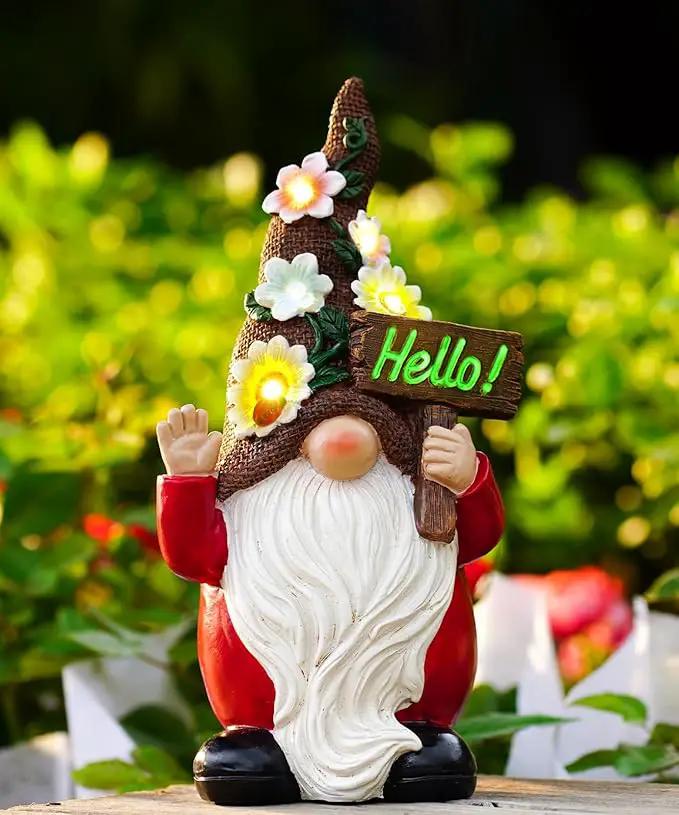 Solar Gnome Garden Statue for Decor: Outdoor Figurines Sculpture with Lights and Hello Sign for Lawn Patio Yard Balcony - for Mother Women by GreenHaven Gardens