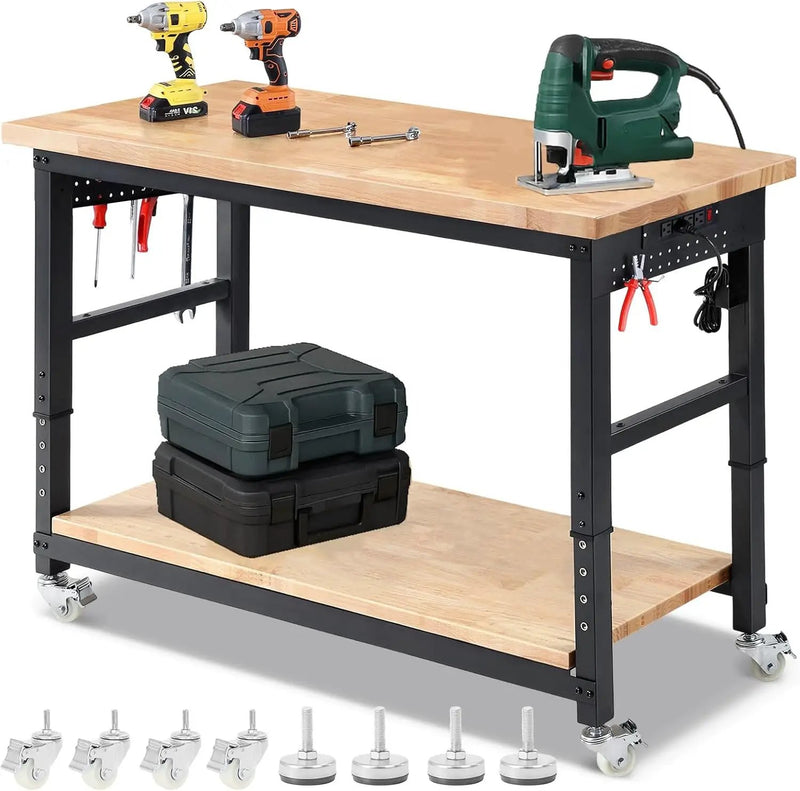 Workbench for Garage with Wheels 60 x 22 Inch Heavy Duty Rubberwood Tabletop Work Table with Under Table Shelf, Pegboard, Power Outlets for Woodworking Shop Home Office by GreenHaven Gardens