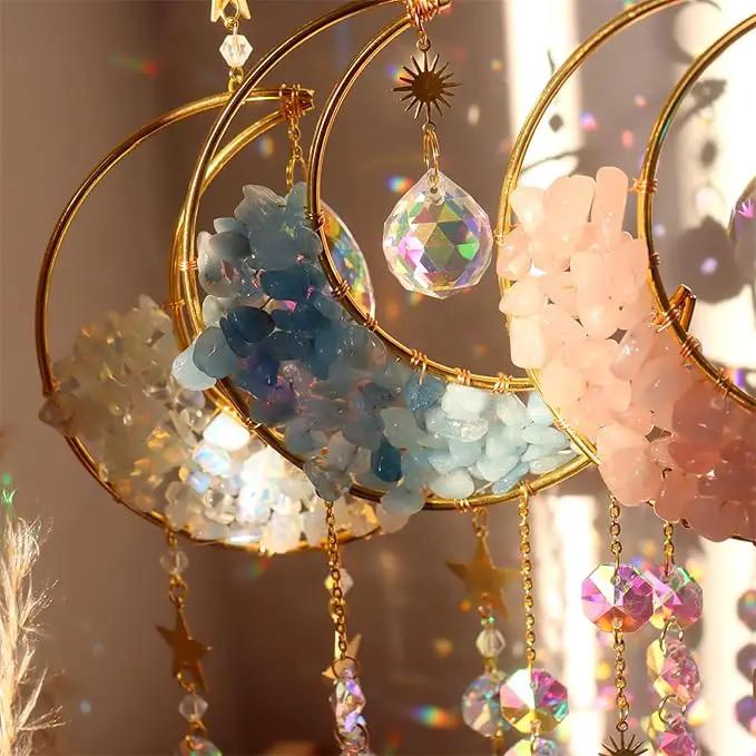 Crystal Suncatcher Hanging Moon Sun Light Catcher with Glass Prisms for Window Natural White Spar Crystal Decor Home Indoor Making Rainbows by GreenHaven Gardens