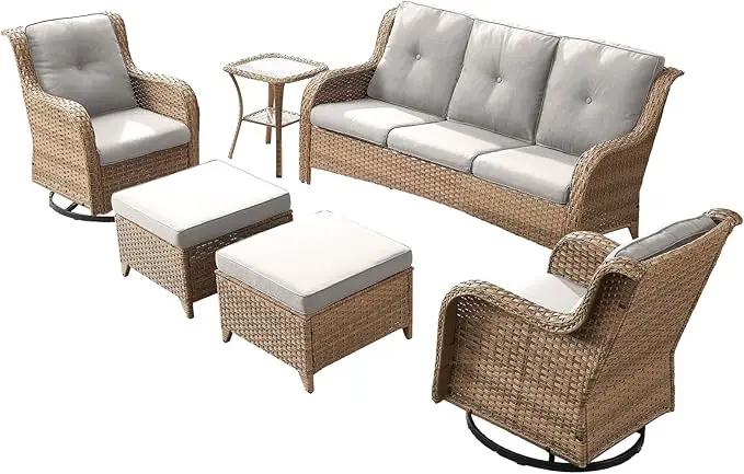 Outdoor Wicker Patio Furniture Set - 6 Piece Rattan Patio Conversation Set with 2 Rocking Swivel Chairs,2 Ottomans,1 Sofa and 1 Side Table for Porch Deck Backyard Garden(Yellow/Beige) by GreenHaven Gardens