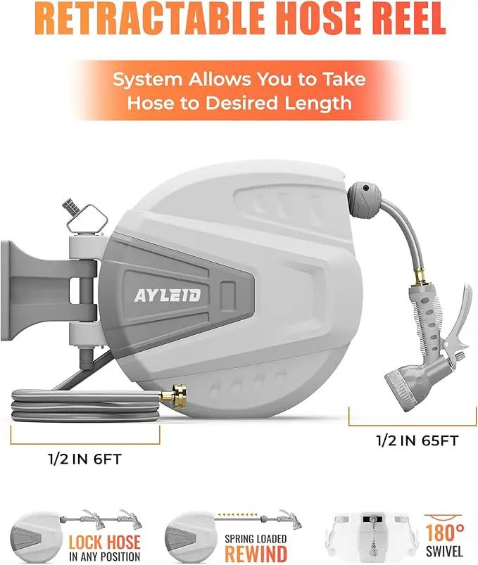 Ayleid Retractable Garden Hose Reel,1/2 in x 65 ft Wall Mounted Hose Reel, with 9- Function Sprayer Nozzle, Any Length Lock/Slow Return System/Wall Mounted/180°Swivel Bracket (Grey) by GreenHaven Gardens