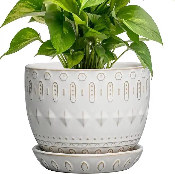 G EPGardening Ceramic Plant Pot - Succulent Pots with Drainage Hole and Saucer 5 Inch Planter for Indoor Plants Outdoor Decorative Round Flower Pot White by GreenHaven Gardens
