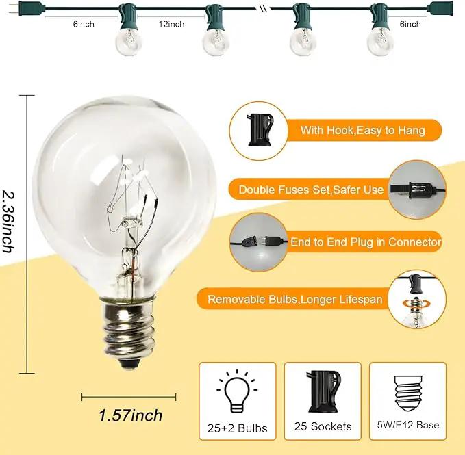 25Ft G40 Outdoor String Lights, Golbe Patio Light with 27 G40 Clear Incandescent Bulbs(2 spare), Hanging Waterproof Connectable Christmas String Lights for Indoor Outdoor Garden Camping Backyard Porch by GreenHaven Gardens