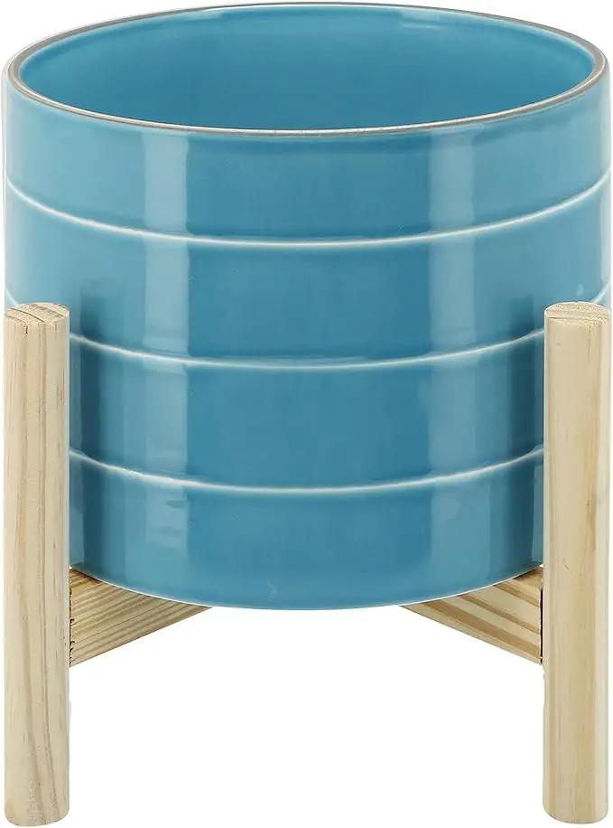 8" Ceramic Planter on Wooden Bamboo Stand - Contemporary Blue While Striped Design For Indoor or Outdoor Plants, Succulents, Cactus by GreenHaven Gardens