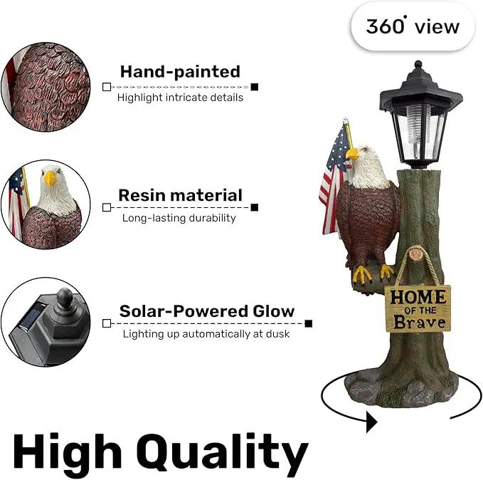 14x6 Inch Eagle Outdoor Solar Statue, Home of The Brave Outdoor Decorative Sculpture, Garden Decoration Outdoor Waterproof, Eagle Statue with American Flag for Patios, Yards, and Gardens by GreenHaven Gardens