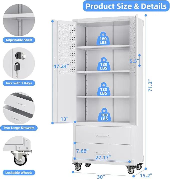 Upgraded Metal Garage Storage Cabinet with Wheels and 2 Drawers, Rolling Tool Cabinet with 3 Shelves and Pegboard Behind The Door for Home Office Garage,Assembly Required,White by GreenHaven Gardens