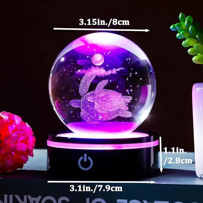 YWHL 3D Sea Turtle Crystal Ball Figurine with LED Base Laser Sea Turtle Gifts for Women Men on Christmas Birthday Decorative Turtle Ball Sea Turtle Glass Globe Night Light for Home Decor (80mm) by GreenHaven Gardens