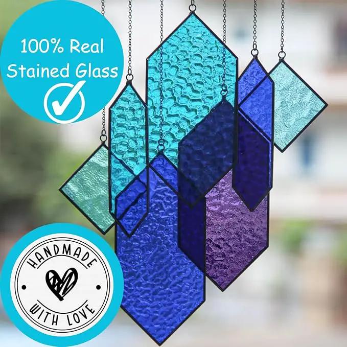 Stained Glass Window Hanging Sun Catchers Indoor Window Decor Azure Dream Stained Glass Panels Handcrafted Preassembled Vivid Real Stain Glass Art Reconfigurable by GreenHaven Gardens