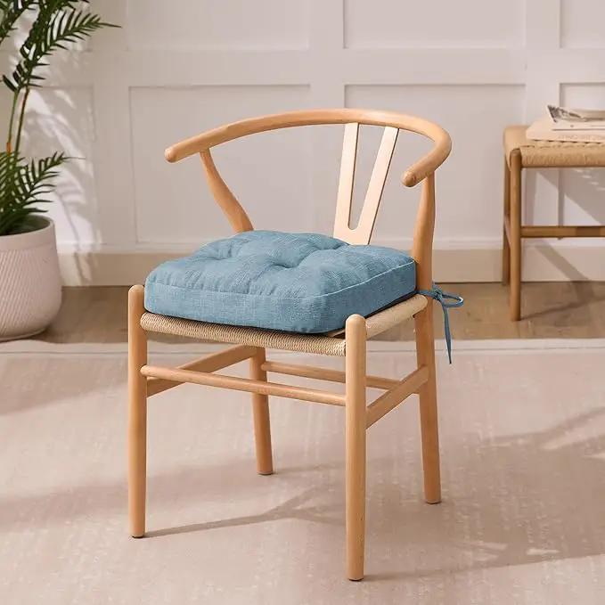Chair Cushions for Dining Chairs, Dining Chair Cushions, Tufted Indoor Chair Pads with Ties & Non Slip Backing, Seat Cushions for Kitchen Chairs 16.5” x 16.5” x 3.5”, Set of 4, Light Blue by GreenHaven Gardens