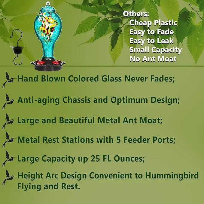 LUJII Hummingbird Feeder for Outdoors, Hand Blown Glass Humming Bird Feeder, Anti Fade Leakproof with 25 Ounces Nectar Capacity, Easy to Install Clean Refill, Include Hook & Ant Moat (Teal) by GreenHaven Gardens