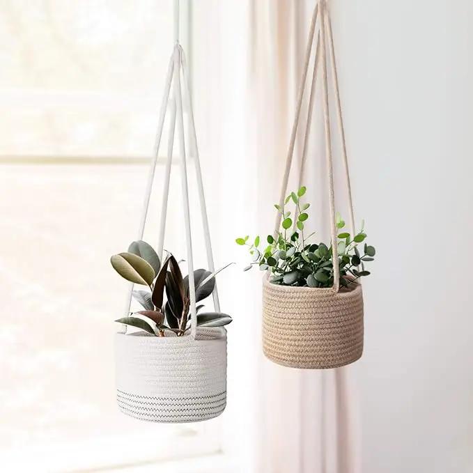 Flexzion Hanging Plant Basket (2 Pack) Cotton Rope Basket Indoor Planter Hanger (up to 7 Inch Flower Pot) Macrame Woven Organizer Bin Home Decor Storage Organizer 20" Hanging Rope, Brown by GreenHaven Gardens