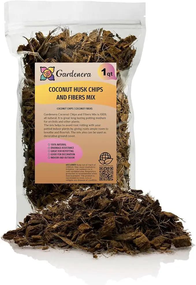 Premium Coconut Husk Chips and Fibers Mix for Orchids, Houseplant, Monstera and Fiddle Leaf Fig by GARDENERA (1 Quart Bag) by GreenHaven Gardens