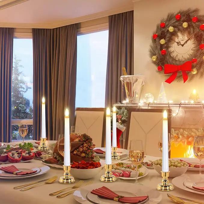 JOSU LED Window Candles, Christmas Flameless Window Candle Lights with Timer Battery Operated, 4 3D Wick Light Candle+4 Removable Gold Candleholders+Remote, for Decor &Festival Celebration by GreenHaven Gardens