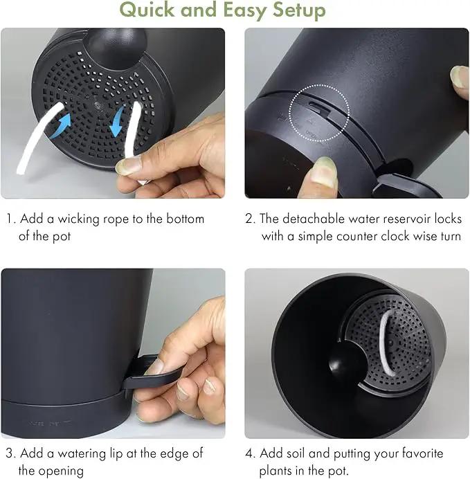 7/6.5/6/5.5/5/4 inch Self Watering Pots for Indoor Outdoor Plants, 6 Pack Plastic Flower Planters with Drainage Holes and Removable Saucers, Plant Pots with Wicking Rope, Modern Decor, Black by GreenHaven Gardens