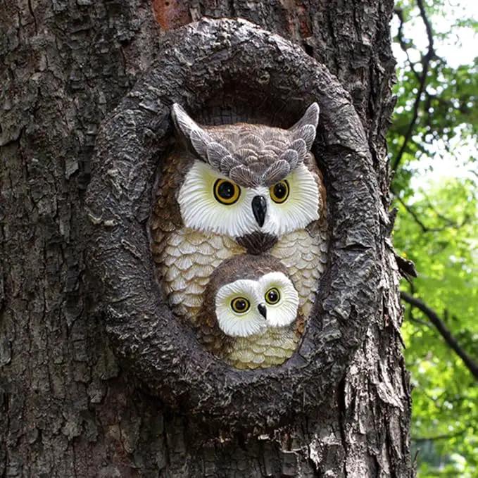 Owl Tree Hugger Whimsical Tree Sculpture Garden Statues Outdoor Tree Face Decor Garden Peeker Yard Art Decorations (Mom and Baby Owl) by GreenHaven Gardens