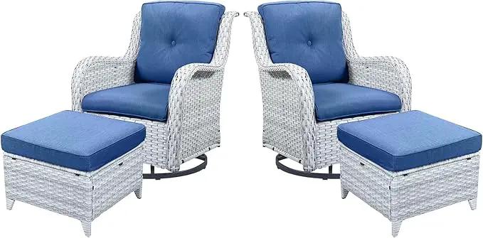 4 Pieces Patio Furniture Sets, Wicker Patio Swivel Glider Chair with Ottomans, Outdoor Furniture Set for Outside Porch Deck Balcony, Light Grey by GreenHaven Gardens