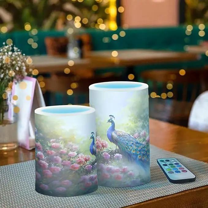 Flickering Flameless Candles, Peacock Flowers LED Candles with Remote Timer, Set of 2 Battery Operated Candle for Valentine Wedding Birthday by GreenHaven Gardens